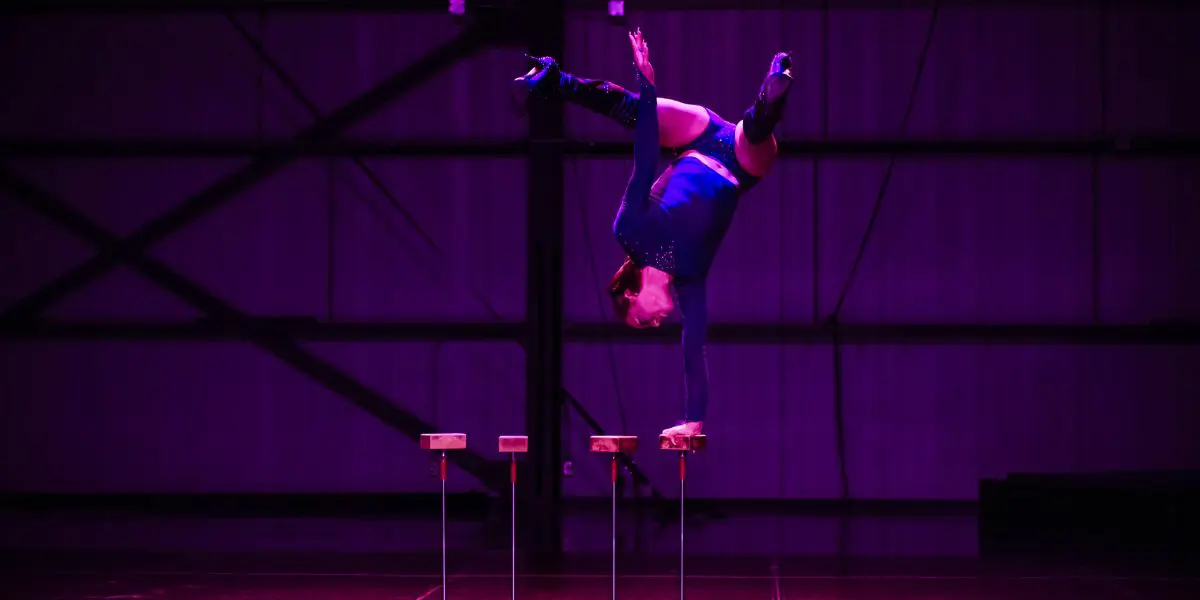 Un interprète vêtu d'un costume bleu se tient en équilibre la tête en bas sur des cannes en équilibre sur une scène sombre, avec un éclairage violet dramatique qui met en valeur leur force et leur souplesse - une scène hypnotique chorégraphiée par Yann Lortie.