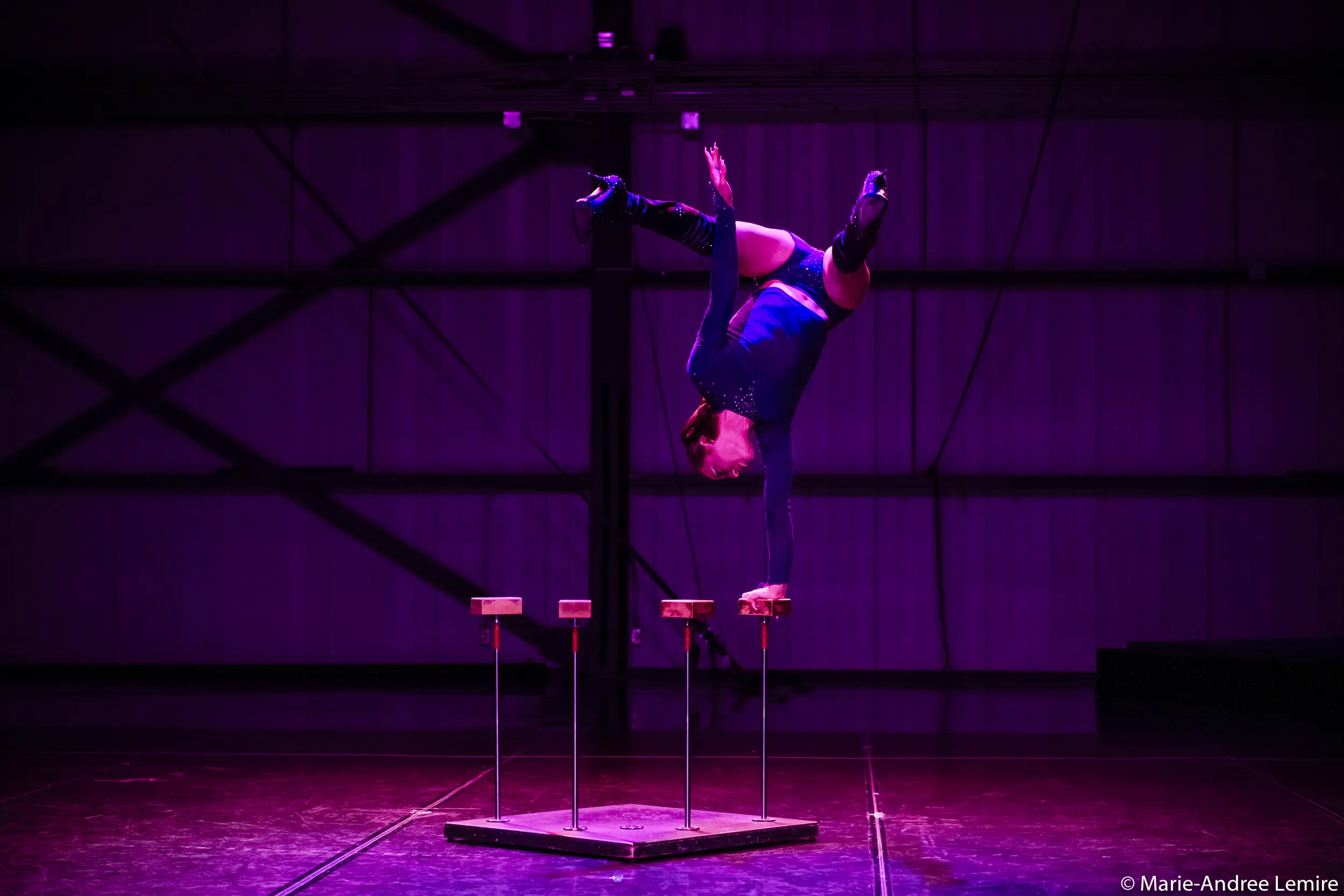 Un interprète vêtu d'un costume bleu se tient en équilibre la tête en bas sur des cannes en équilibre sur une scène sombre, avec un éclairage violet dramatique qui met en valeur leur force et leur souplesse - une scène hypnotique chorégraphiée par Yann Lortie.