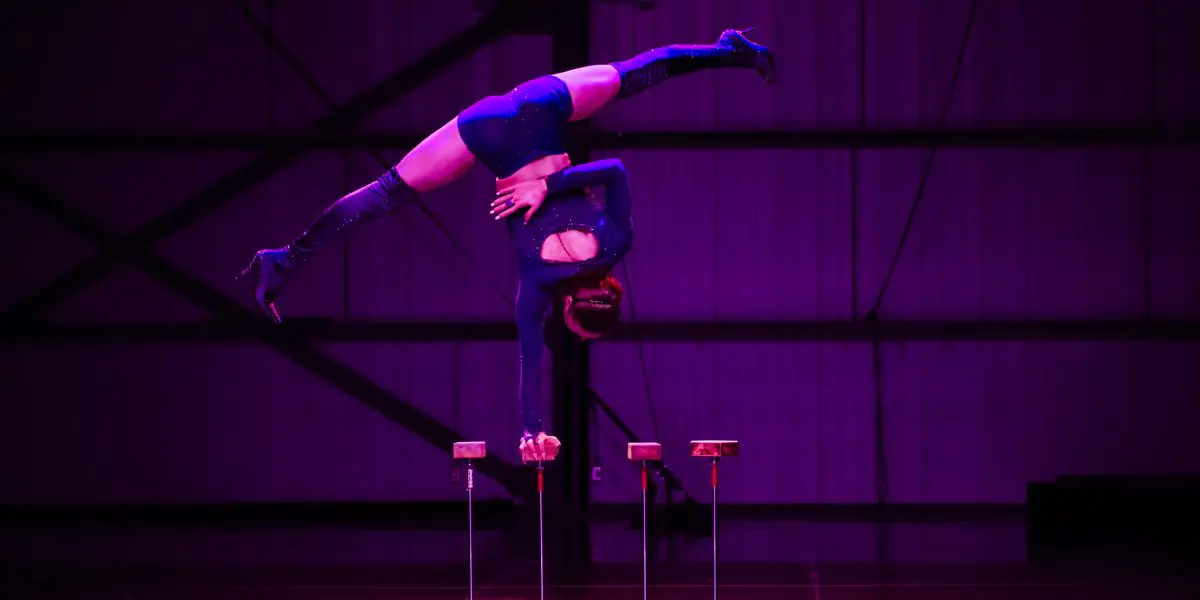 Une acrobate en justaucorps sombre se tient en équilibre sur une main au sommet de cannes, les jambes étendues en fente au-dessus de sa tête, sous l'éclairage rose mauve caractéristique de Yann Lortie, sur une scène faiblement éclairée.