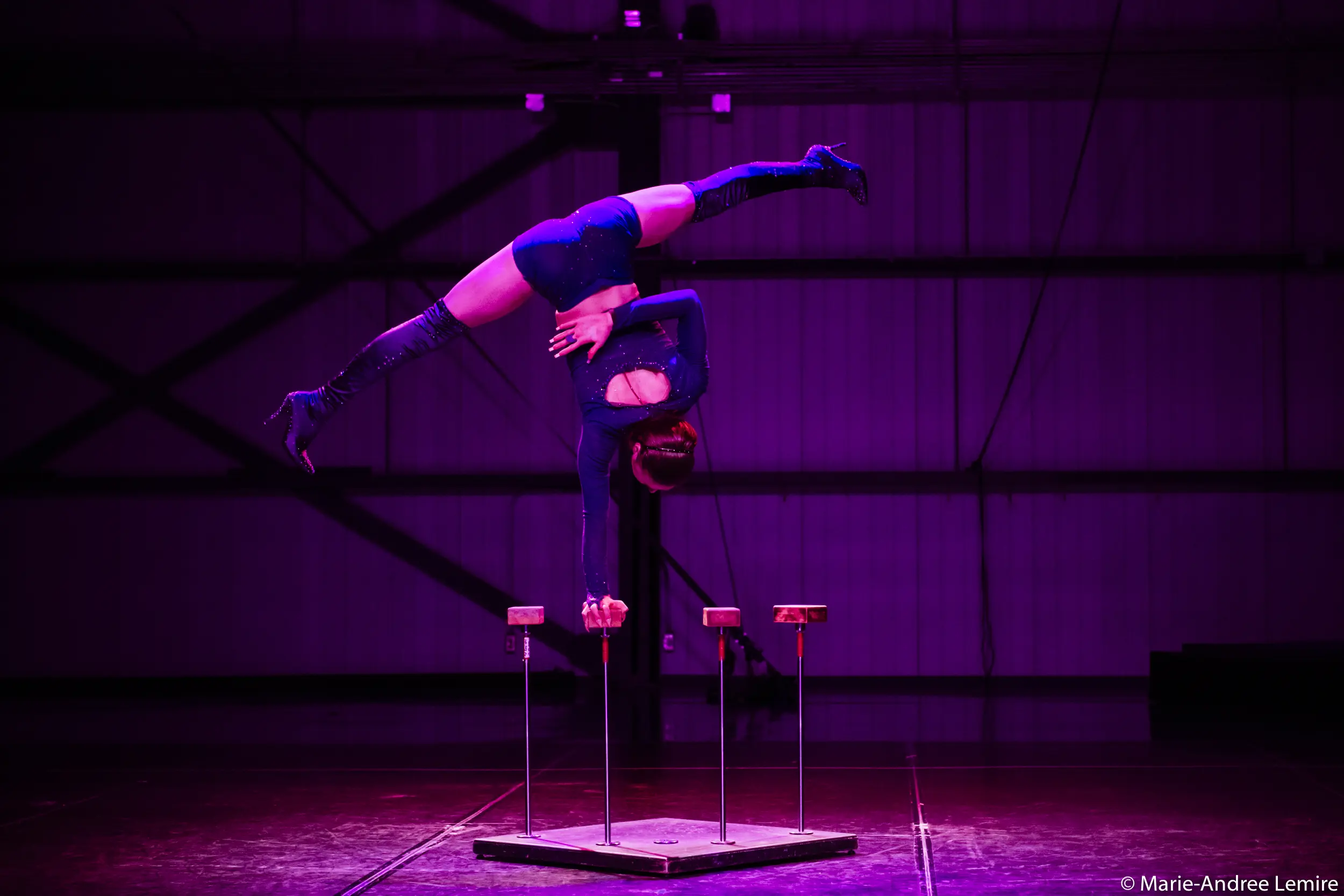 Une acrobate en justaucorps sombre se tient en équilibre sur une main au sommet de cannes, les jambes étendues en fente au-dessus de sa tête, sous l'éclairage rose mauve caractéristique de Yann Lortie, sur une scène faiblement éclairée.