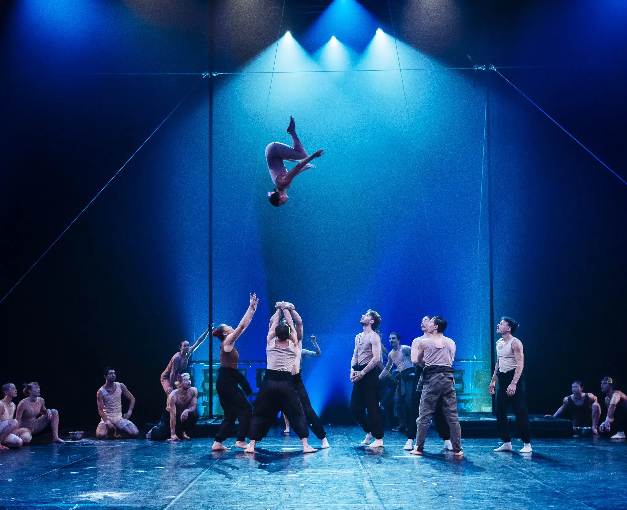 Un groupe d'acrobates se produit sur une scène sous un éclairage bleu, faisant écho à l'historique de l'ÉNC depuis plus de 40 ans, l'un d'entre eux s'élevant au-dessus des autres qui tendent les bras pour l'attraper, tandis que d'autres artistes le regardent sur les côtés.