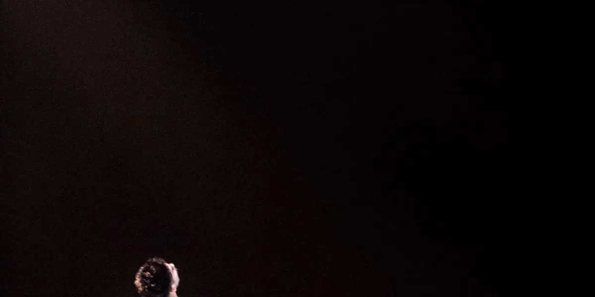 Un interprète en plein vol, lancé d'un appareil à bascule, tandis que Guillaume Larouche se tient en dessous, regardant vers le haut sur une scène sombre.