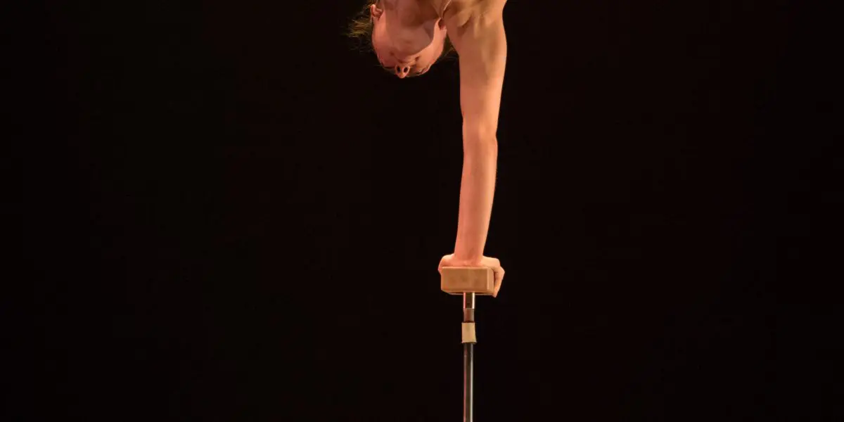 Danielle Saulnier, une acrobate chevronnée, se tient en équilibre sur une main au sommet d'une paire de cannes, les jambes tendues gracieusement au-dessus de la tête. Elle évolue au-dessus d'une base de bâtons en bois disposés sur un fond sombre.