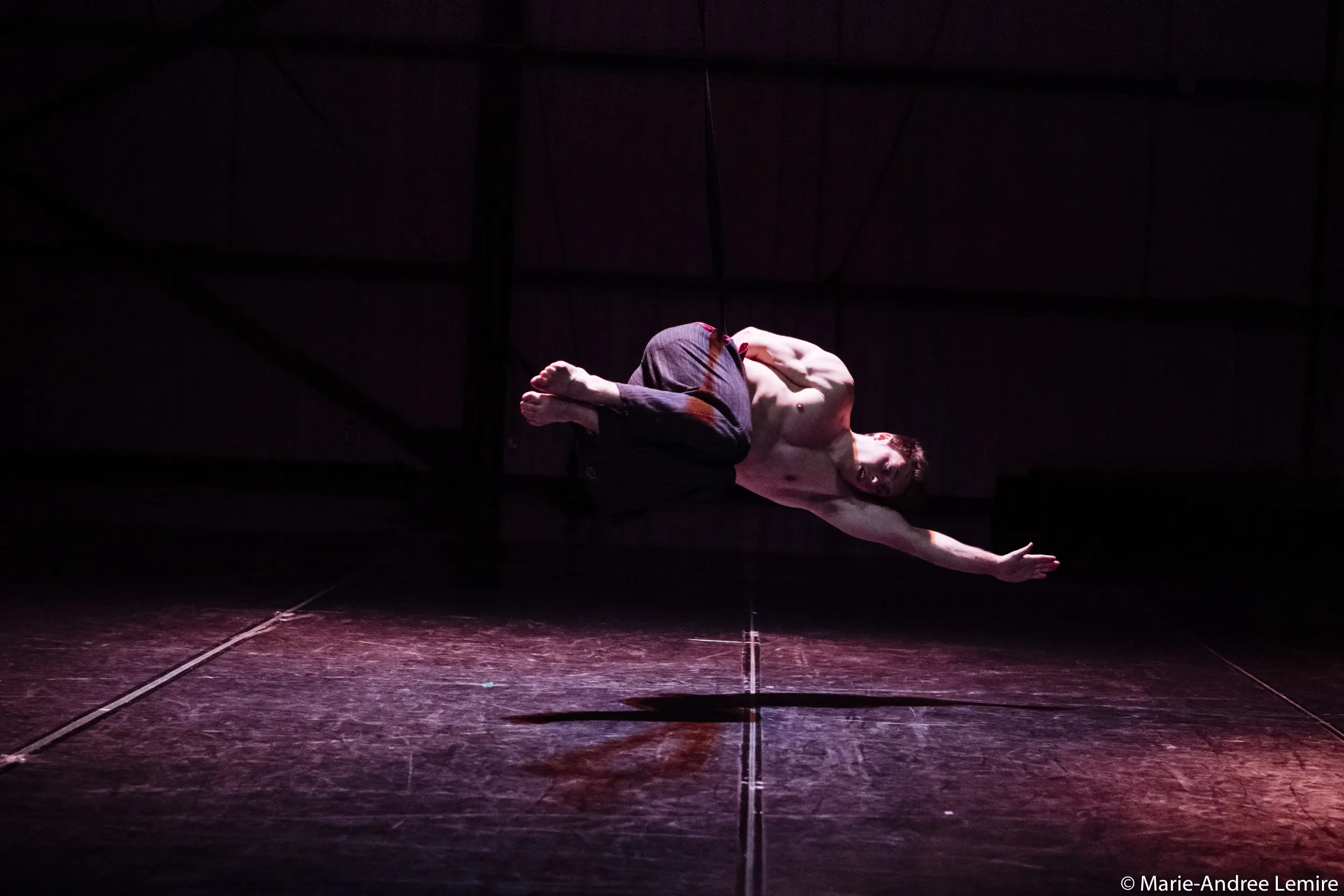 Un artiste aérien torse nu, Samuel Donald Nash, est suspendu horizontalement dans les airs sur une scène sombre, tendant un bras et projetant une ombre sur le sol.