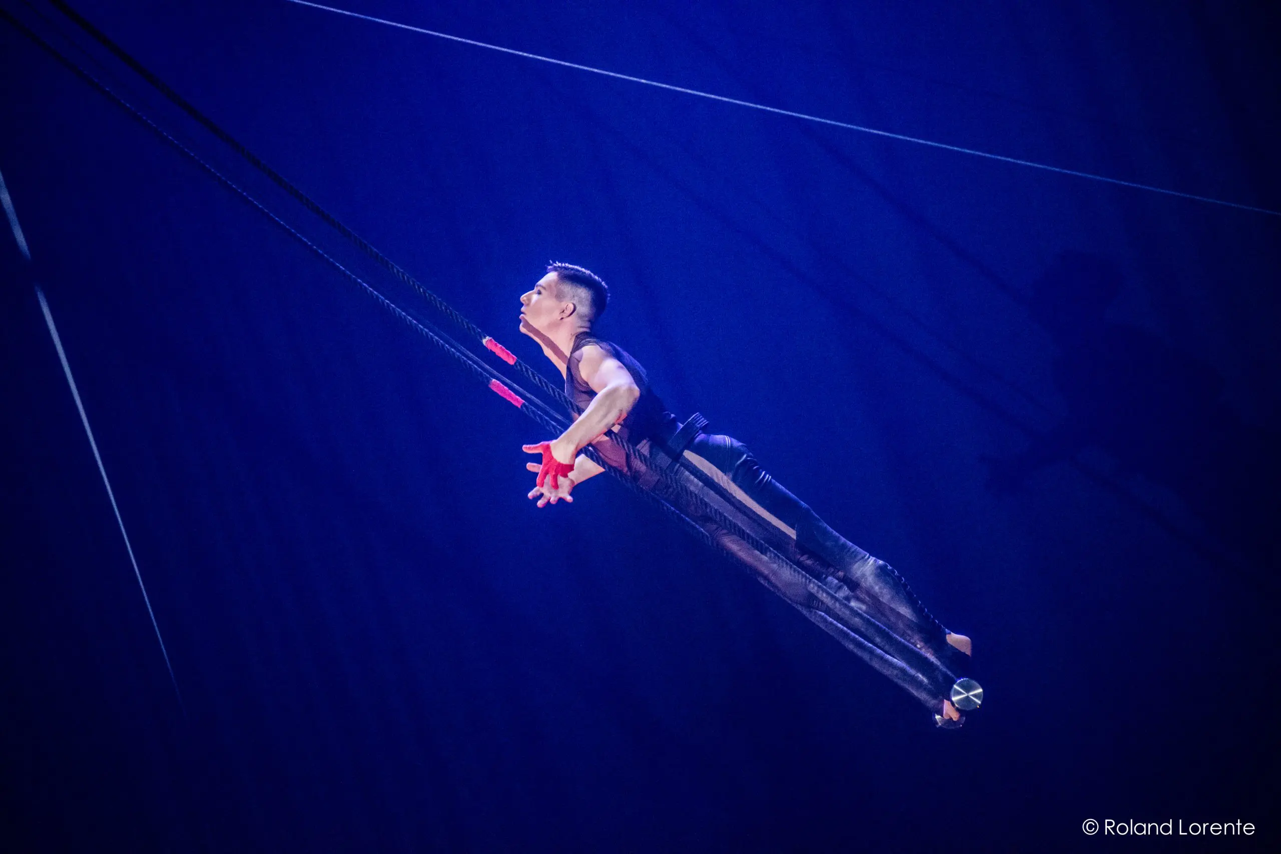 Un acrobate masculin, Nicolas Allard, est suspendu à des sangles noires, arquant le dos et regardant vers le haut sur un fond de scène éclairé en bleu.