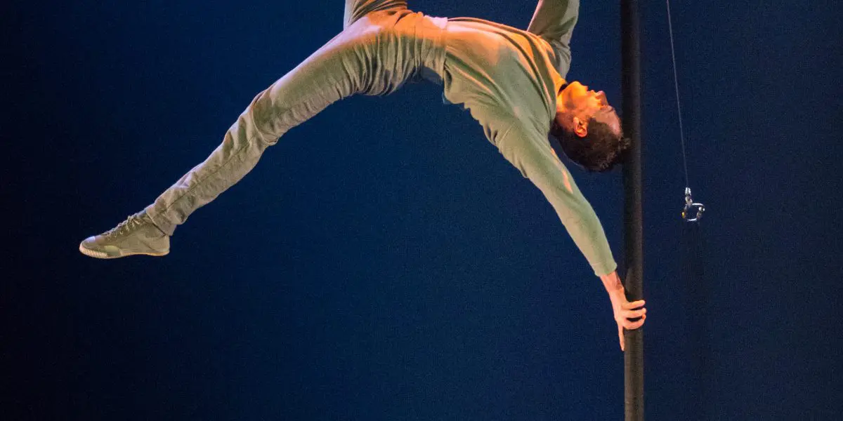 Ron Oppenheimer, vêtu de vert, est suspendu horizontalement à un grand poteau vertical, qu'il saisit d'une main et d'un pied, tandis que l'autre bras et l'autre jambe s'étendent vers l'extérieur, sur un fond éclairé en bleu foncé.