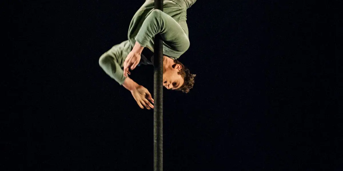 Un acrobate vêtu d'un costume vert clair prend la pose à l'envers sur un poteau vertical sur un fond sombre, mettant en valeur la force et l'équilibre dans le style caractéristique de Ron Oppenheimer.