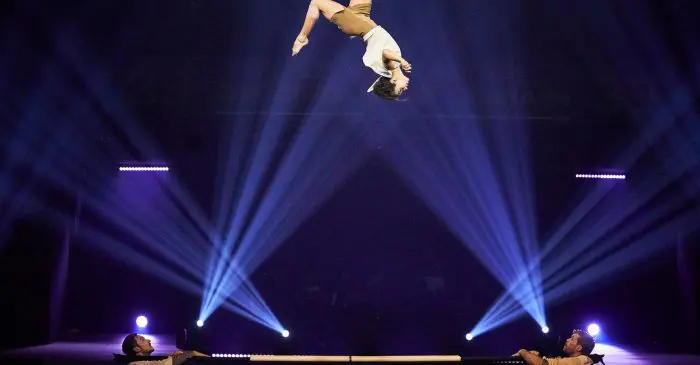 Une artiste de cirque, rappelant les diplômés du NCS qui ont remporté plusieurs médailles et prix, fait un saut périlleux au-dessus d'une barre horizontale, tandis que deux autres personnes attendent en bas pour la rattraper. Des lumières de scène et des faisceaux lumineux éclairent l'arrière-plan sombre.