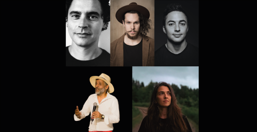 Un collage comprenant trois photos d'hommes en noir et blanc en haut, et en dessous, un homme avec un chapeau parlant dans un microphone et une femme aux longs cheveux bruns en plein air - cinq créateurs talentueux avec une vision unique visiteront le SOC.