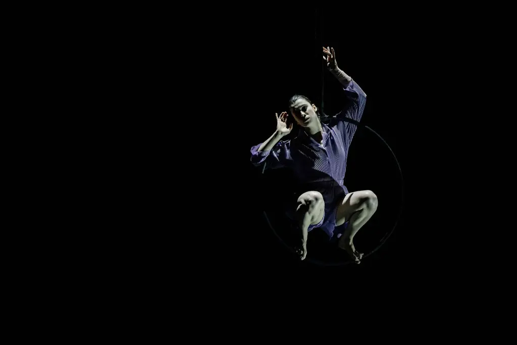 Katarina Sobinkovicova, vêtue d'une chemise violette et d'un short noir, s'exécute sur un cerceau aérien sur un fond sombre, éclairé par un projecteur.