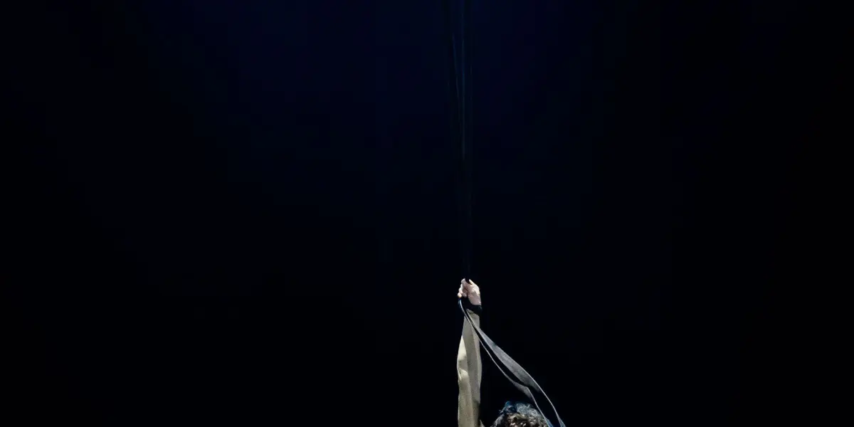 William Borges réalise un numéro d'acrobatie aérienne, suspendu à des sangles de tissu noir, sous un éclairage dramatique et sur une scène sombre.