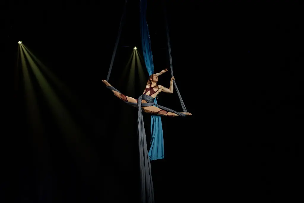 L'artiste aérienne Kayley Borckardt Hennessy prend une pose fendue, suspendue dans les airs sur des soies bleues et grises, avec des projecteurs de scène éclairant l'arrière-plan sombre.