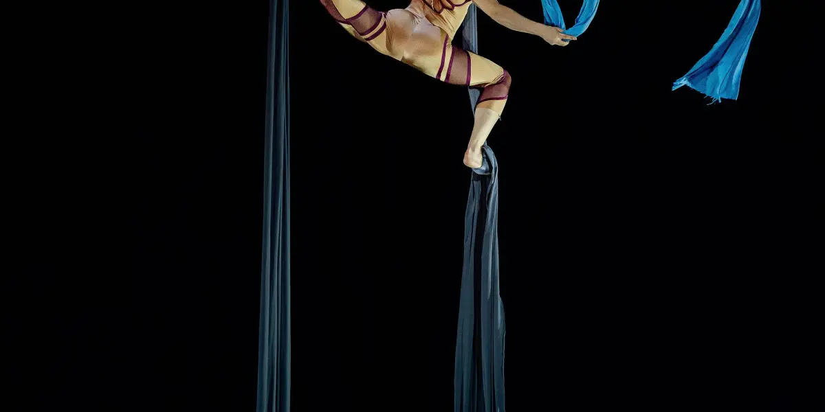 L'acrobate Kayley Borckardt Hennessy, vêtue d'un costume à bretelles, pose en hauteur en agrippant de longues soies bleues sur fond noir, faisant preuve d'une force et d'une souplesse incroyables.