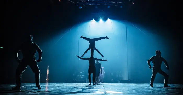Quatre acrobates, guidés par un habile metteur en piste, évoluent sur une scène faiblement éclairée par des projecteurs bleus. L'un d'eux en équilibre sur l'autre à l'envers, tandis que deux autres posent sur les côtés, tous silhouettés sur un fond dramatique.