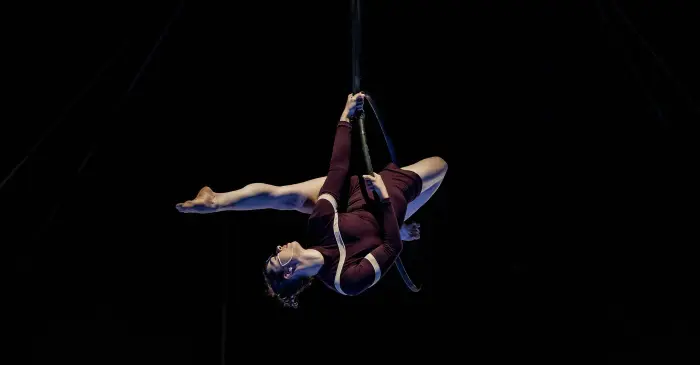 Une artiste aérienne en costume marron exécute une pose acrobatique sur un cerceau suspendu, mettant en valeur sa force et sa souplesse dans les disciplines de cirque, sur un fond sombre.