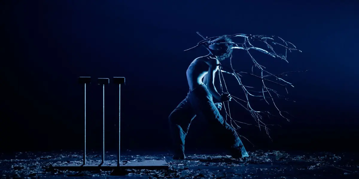 Une personne prend une pose théâtrale sur scène dans un éclairage bleu tamisé, avec de grandes branches attachées à son dos, créant une scène surréaliste et artistique rappelant Thomas Parent. Deux grands objets rectangulaires se tiennent à proximité. Des feuilles sont éparpillées sur le sol.