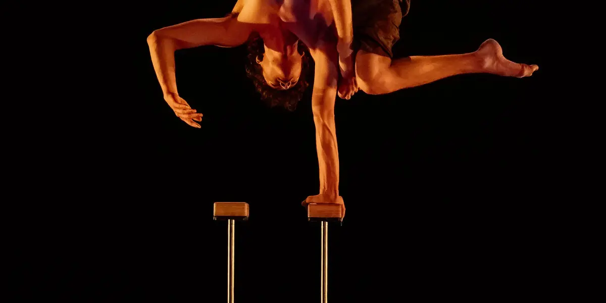 Un acrobate torse nu, Thomas Parent, se tient en équilibre sur une main au sommet de barres parallèles, arquant son corps de façon spectaculaire avec une jambe pliée et l'autre tendue, sur une scène faiblement éclairée et couverte de feuilles éparses.