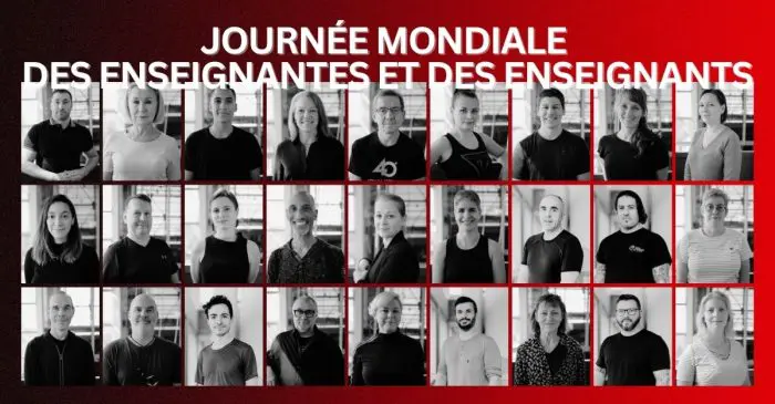 Collage de portraits d'enseignants en noir et blanc, disposés sur trois rangées, avec un texte en français en haut indiquant Journée Mondiale des Enseignantes et des Enseignants et une bannière en bas : INSCRIPTIONS OUVERTES : Propulse-toi vers la prochaine génération d'artistes de cirque.