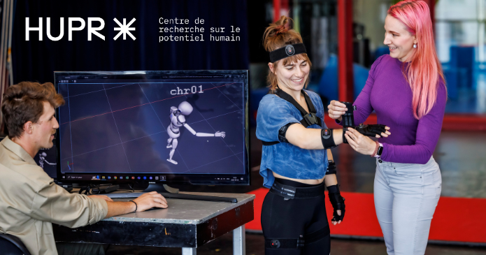 Deux femmes, l'une portant des capteurs de capture de mouvement et l'autre les ajustant, se tiennent près d'un homme devant un ordinateur montrant une animation en 3D. Le logo HUPR, le texte français et la mention de deux subventions majeures pour le Centre de recherche sur le potentiel humain apparaissent.