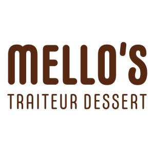 Logo avec les mots MELLOS en grandes lettres brunes et TRAITEUR DESSERT en plus petites lettres brunes en dessous, le tout sur un fond clair-créé pour la soirée-bénéfice de la Fondation de l'ENC.