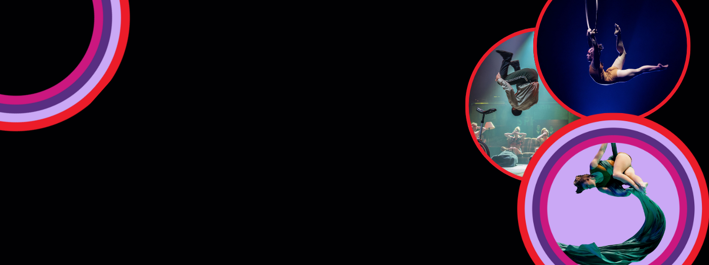 Trois cercles superposés sur fond noir montrent des acrobates : l'un plonge sous l'eau, deux font de la soie aérienne et un autre prend la pose sur un tissu aérien vert. Le côté gauche présente un espace vide avec des anneaux roses et rouges, parfaits pour annoncer un changement à la direction générale de l'ENC Montréal.