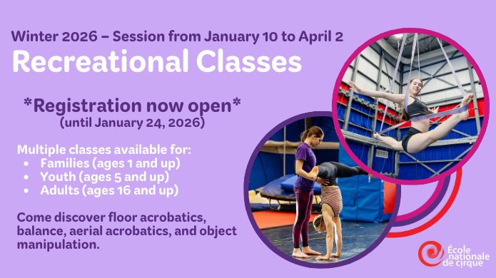 Dépliant promotionnel pour les cours de cirque récréatif de l'hiver 2026, avec des photos d'une fille sur un cerceau et d'un enfant en équilibre sur un adulte. Les cours s'adressent aux familles, aux jeunes et aux adultes. Les inscriptions sont ouvertes jusqu'au 24 janvier 2026.