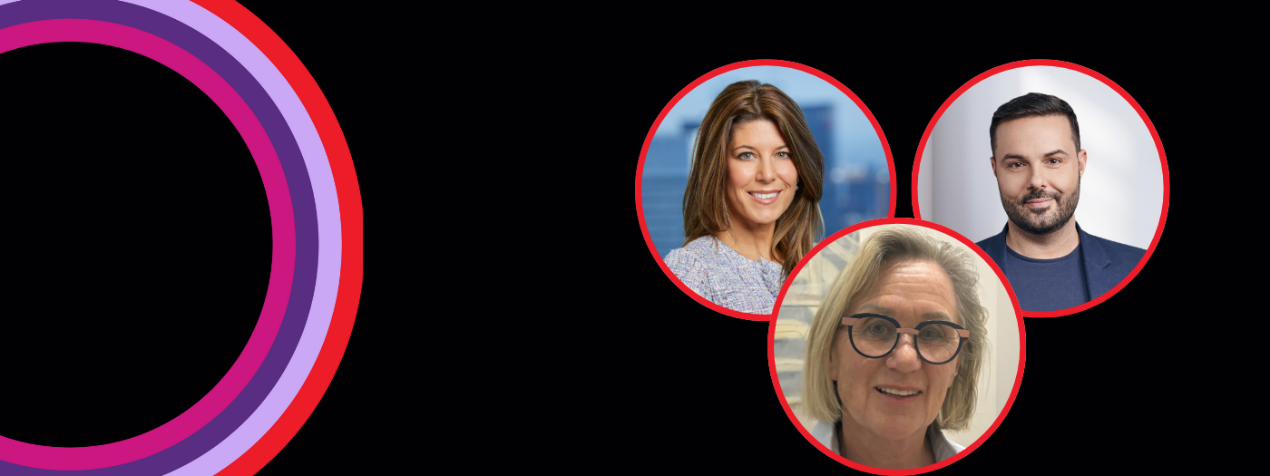 Trois portraits de deux femmes et d'un homme, chacun à l'intérieur d'un cercle bordé de rouge, sont présentés sur le côté droit d'un fond noir avec des anneaux violets et rouges qui se chevauchent - illustrant le fait que trois précieux collaborateurs passent le flambeau au sein du C.A.