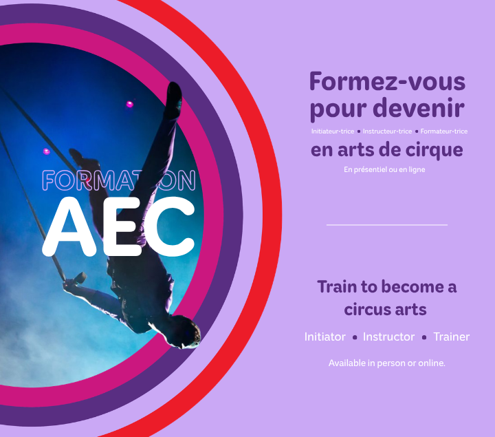 Une personne réalise des figures acrobatiques aériennes sur des tissus. Le texte indique : « Suivez une formation pour devenir animateur, moniteur ou formateur en arts du cirque. Formations en présentiel ou en ligne. » Un motif circulaire coloré figure à gauche.